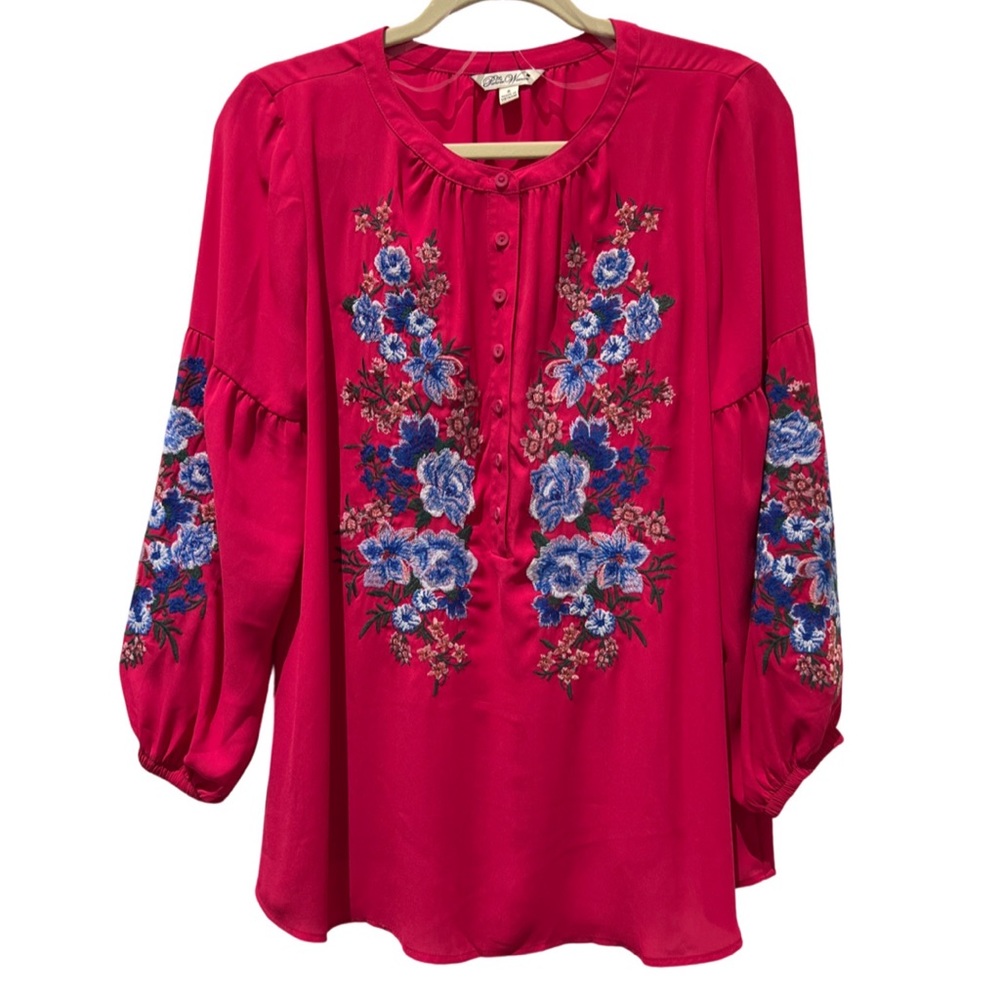 Pioneer Woman Blouse Size S, Brilliant Red with Blue Floral Embroidery